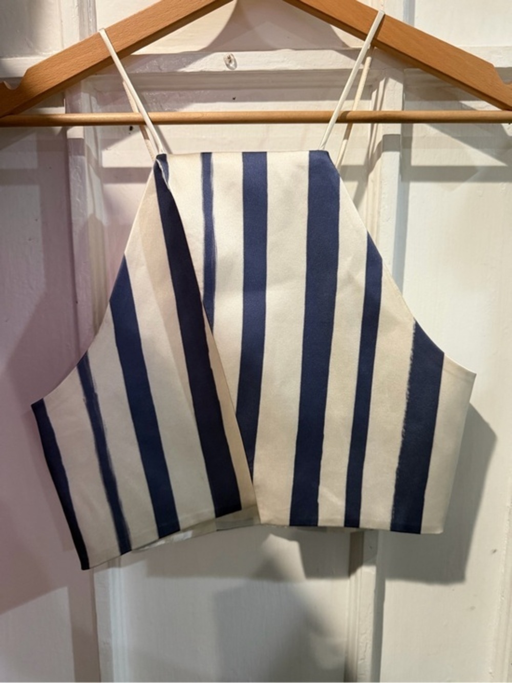 Topshop Navy and White Strapless Vertical Stripe Crop Top